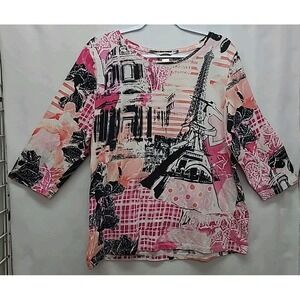 CJ Banks Womens Plus Size Shirt 1X Paris Eiffel Tower Travel Cruise Wear‎ Casual